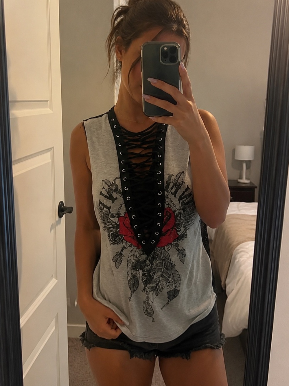 Lace Up Rose Graphic Corset Style Tank Top Mesh Back Medium